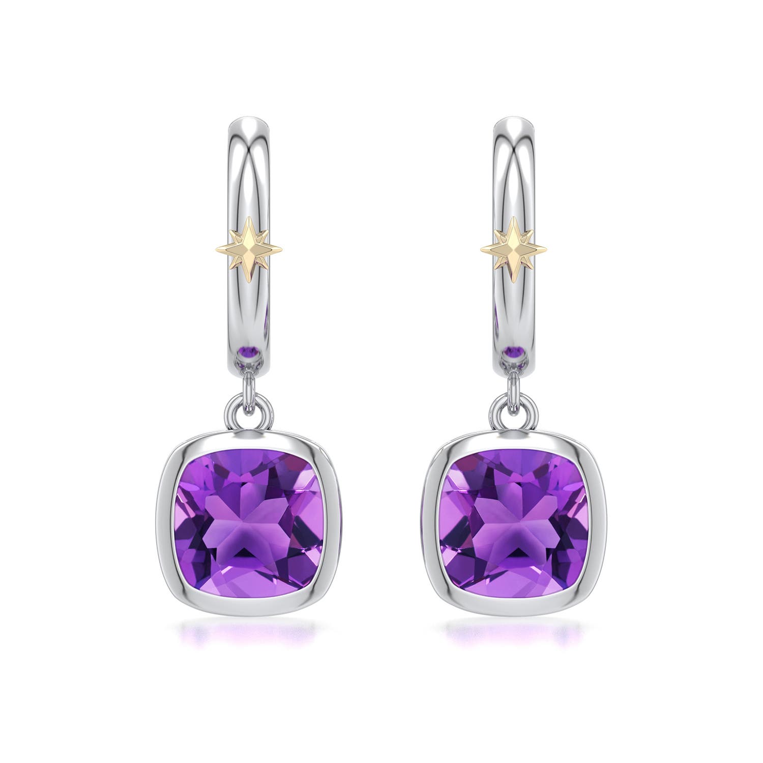7mm AAA Sterling Silver and 18K Yellow Gold Cushion Amethyst Hoop Drop Earrings in 999-18K Mixed Metal - main
