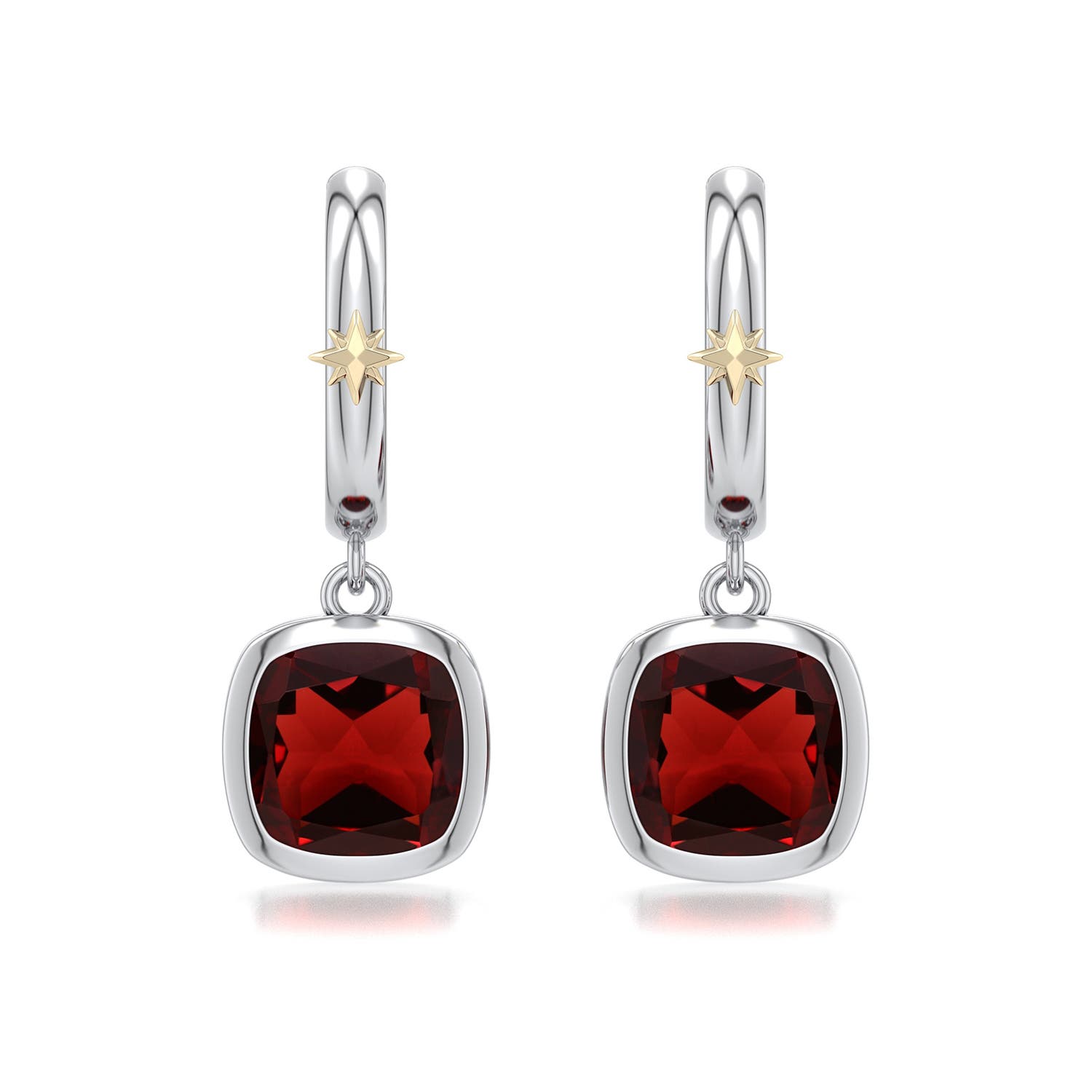 7mm AAA Sterling Silver and 18K Yellow Gold Cushion Garnet Hoop Drop Earrings in 999-18K Mixed Metal - main