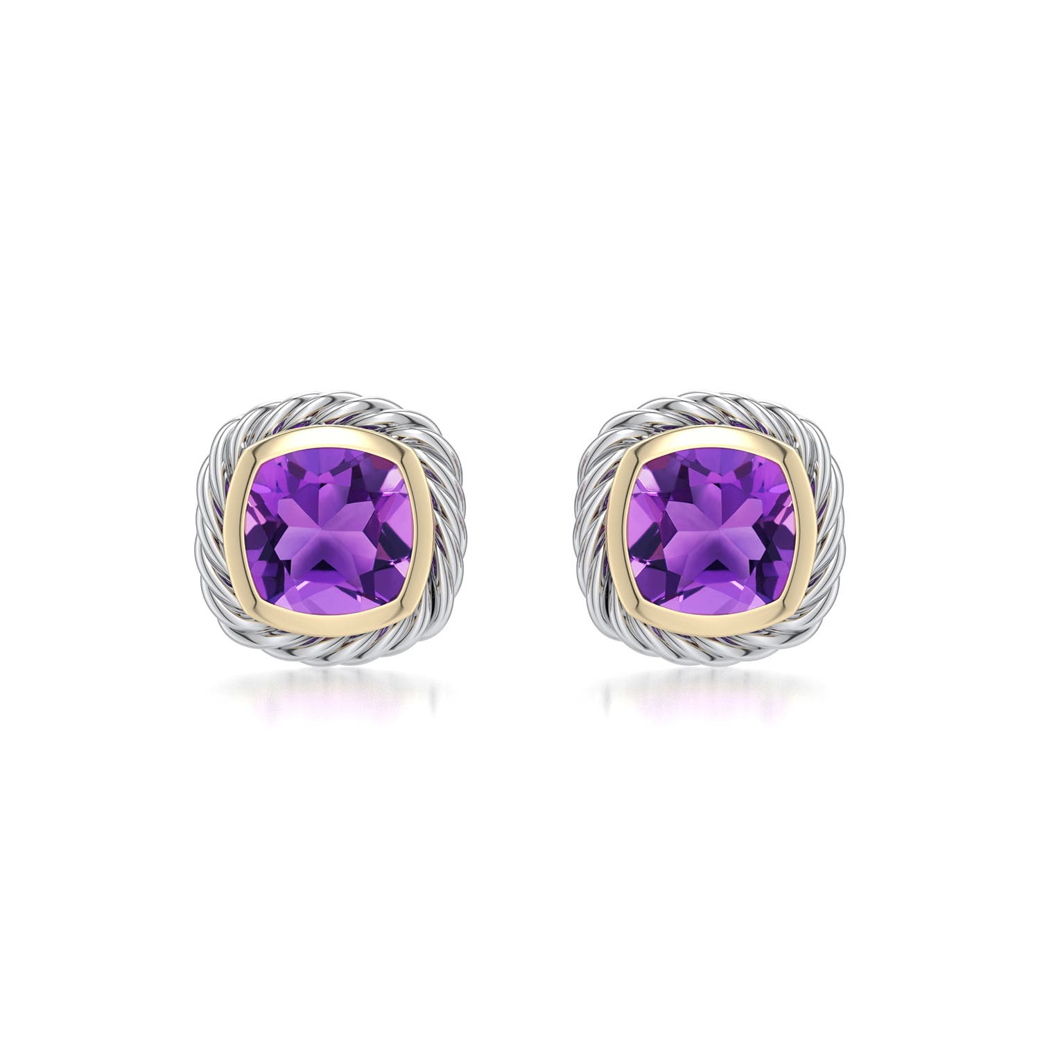 6mm AAA Sterling Silver and 18K Yellow Gold Cushion Amethyst Stud Earrings in 999-18K Mixed Metal - main