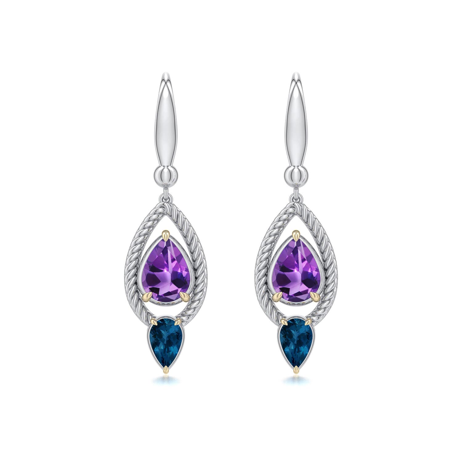 8x6mm AAA Sterling Silver and 18K Yellow Gold Pear Amethyst and London Blue Topaz Drop Earrings in 999-18K Mixed Metal - main