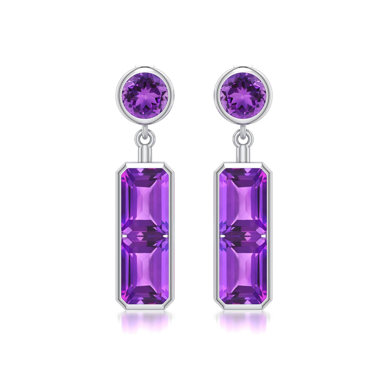 7x5mm AAA Round and Emerald-Cut Amethyst Drop Earrings in White Gold - main