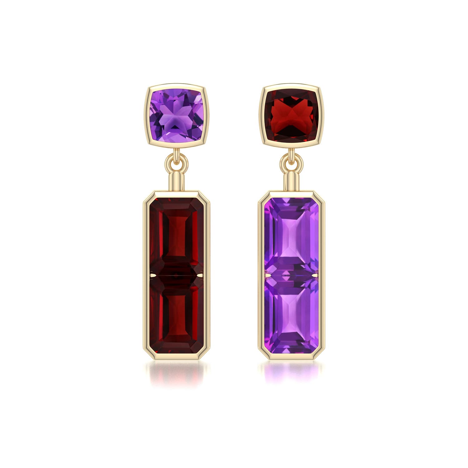 7x5mm AAA Multi-Shape Amethyst and Garnet Mismatched Earrings in Yellow Gold - main