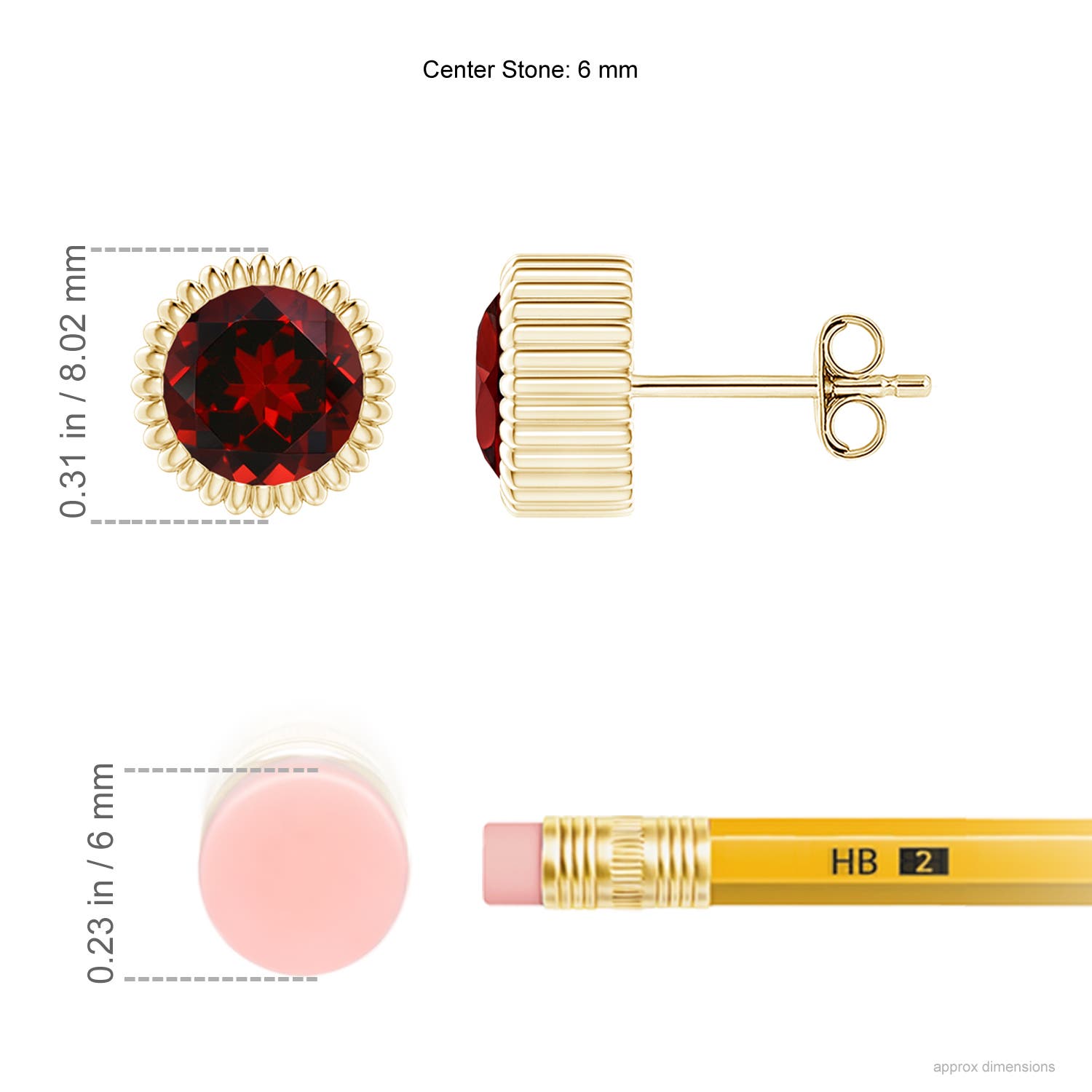 6mm AAAA Bezel-Set Solitaire Round Garnet Beaded Halo Stud in Yellow Gold - ruler - ruler