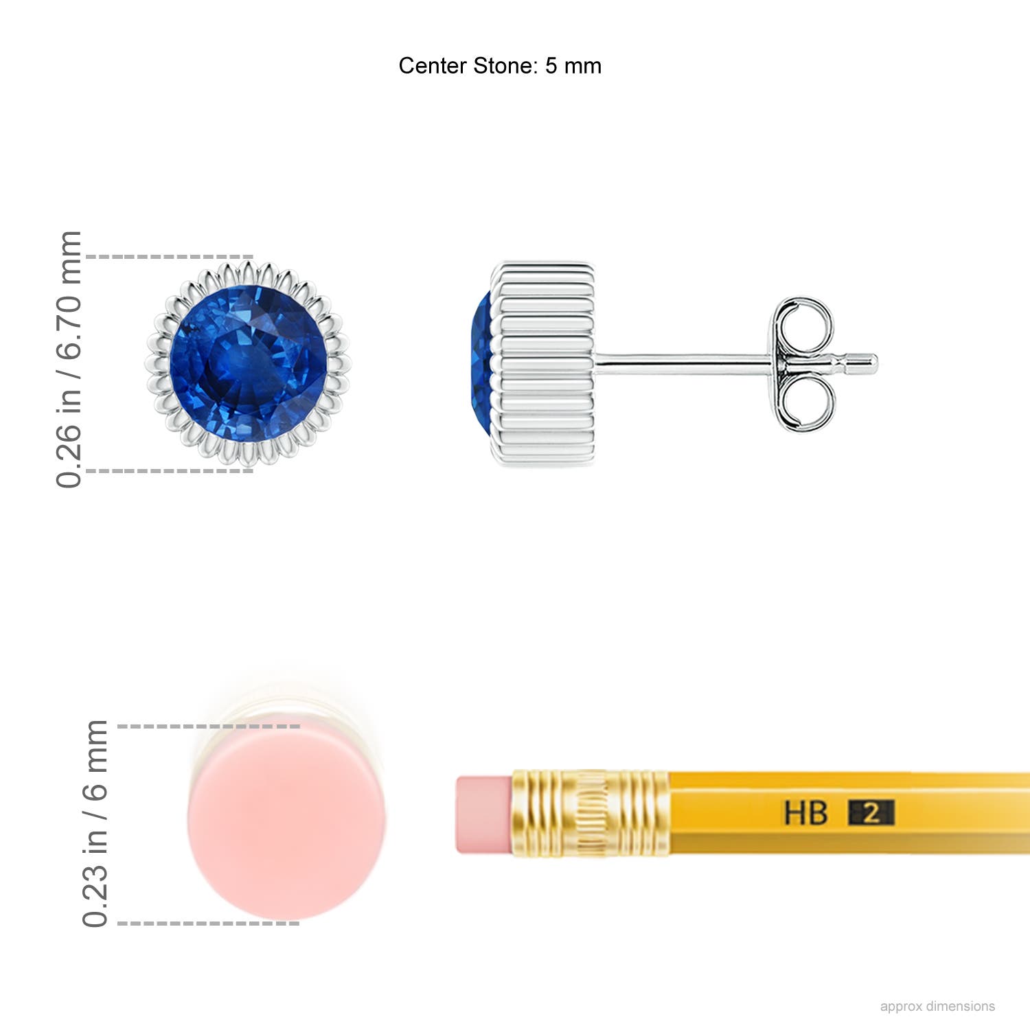 5mm AAA Bezel-Set Solitaire Round Sapphire Beaded Halo Stud in White Gold - ruler - ruler