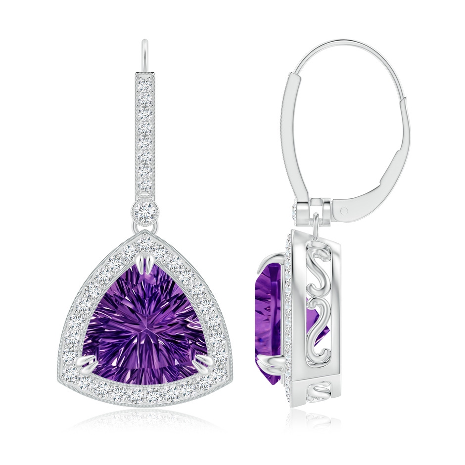 10mm AAAA Vintage Style Trillion Concave-Cut Amethyst Earrings in White Gold side-1