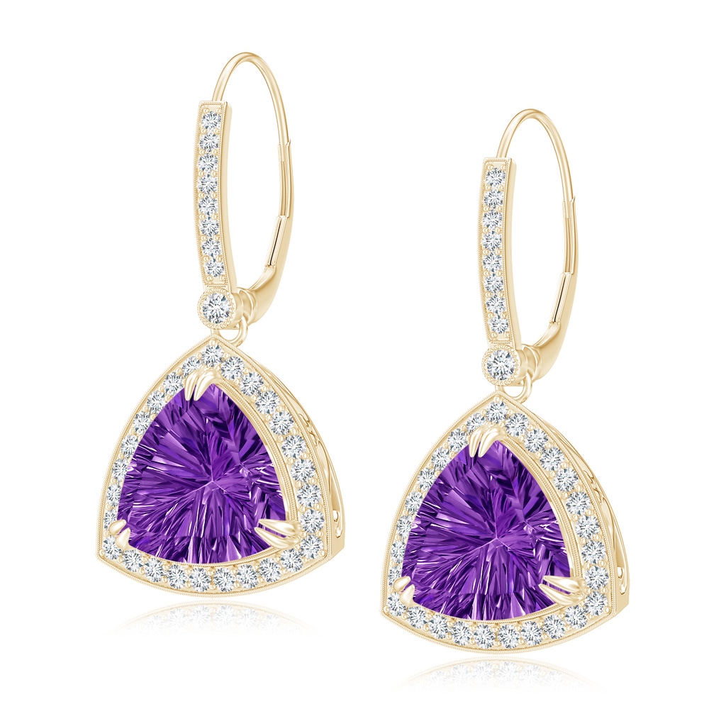 10mm AAAA Vintage Style Trillion Concave-Cut Amethyst Earrings in Yellow Gold