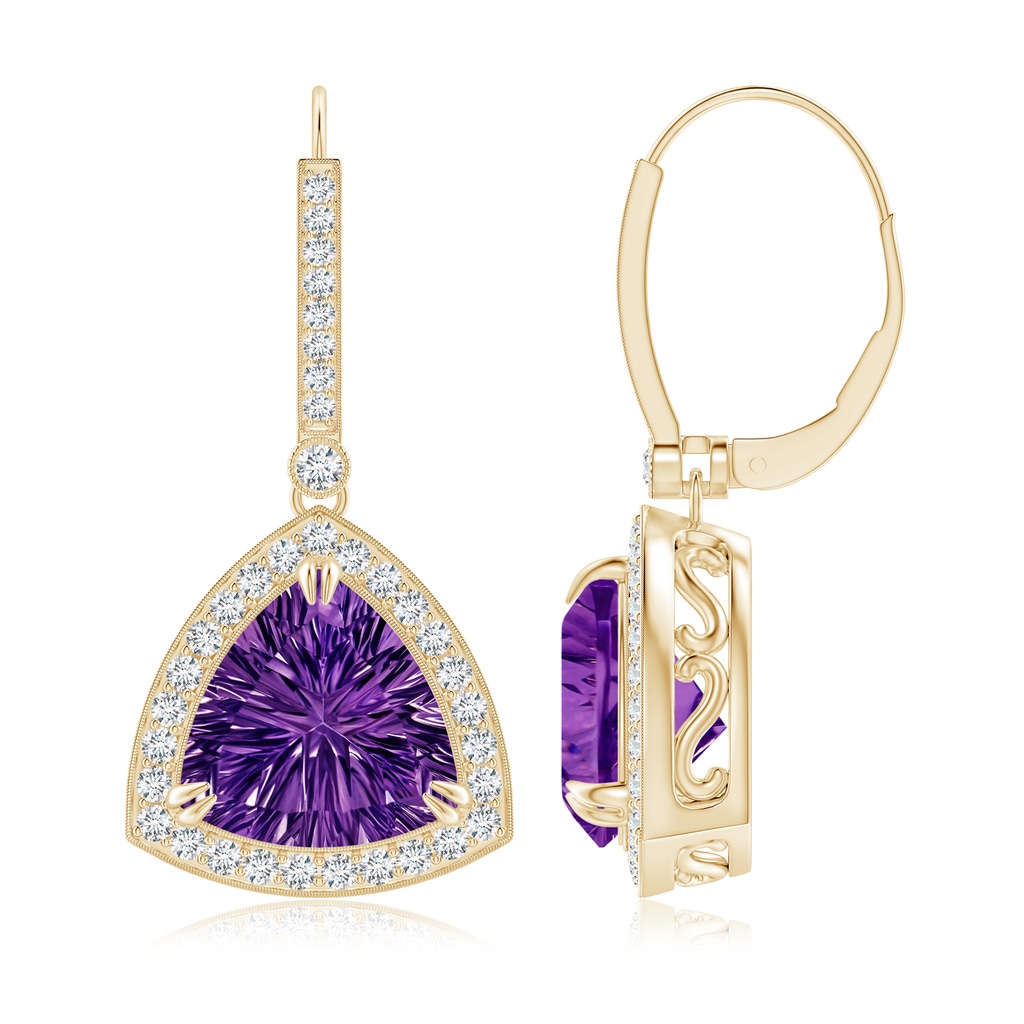 10mm AAAA Vintage Style Trillion Concave-Cut Amethyst Earrings in Yellow Gold - side_1