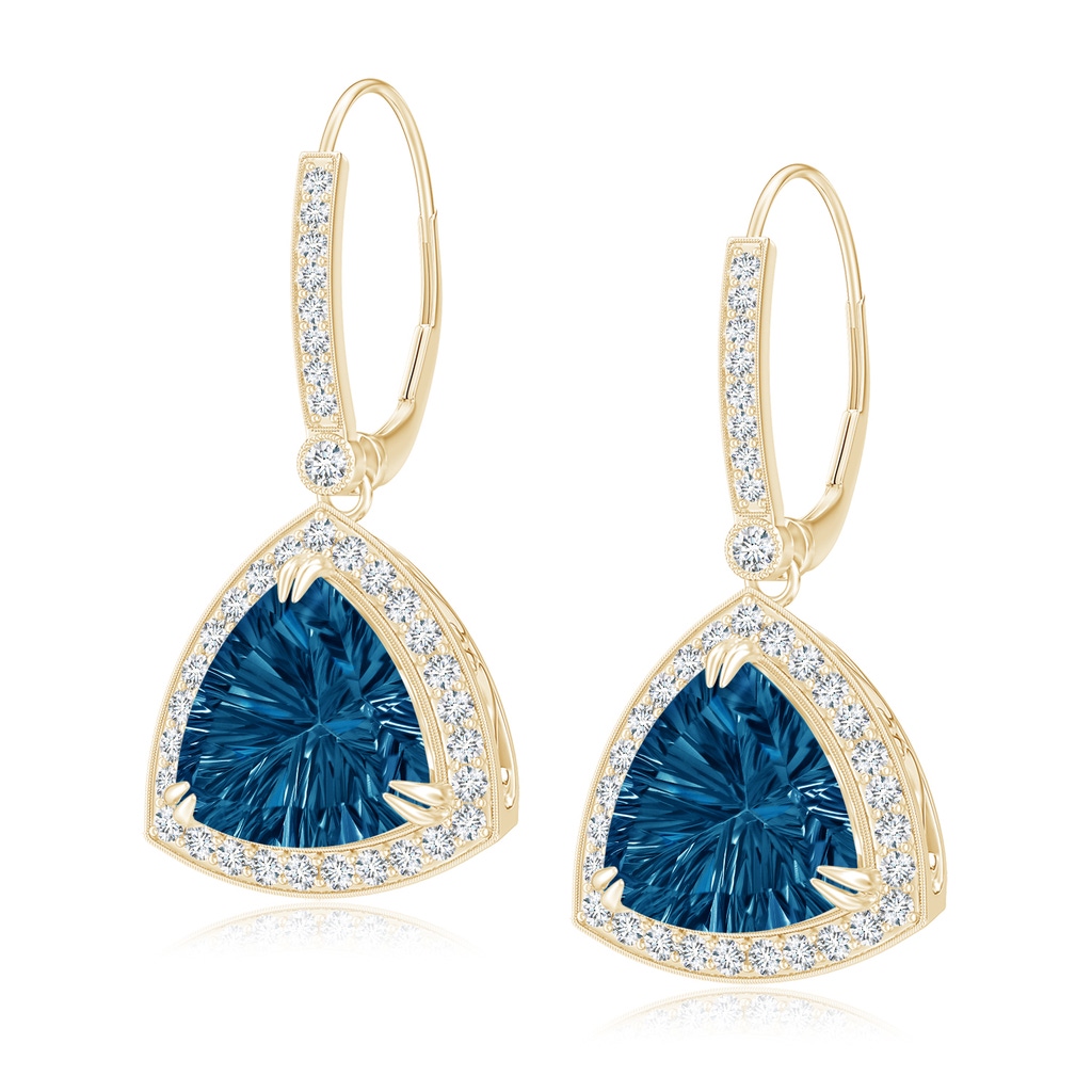 10mm AAAA Vintage Style Trillion Concave-Cut London Blue Topaz Earrings in Yellow Gold
