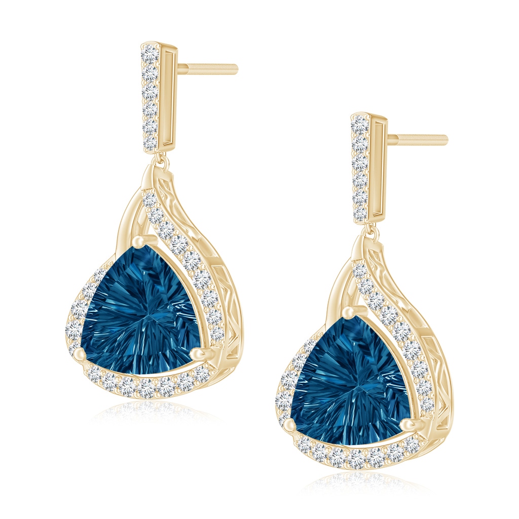 8mm AAAA Trillion Concave-Cut London Blue Topaz Flame Earrings in Yellow Gold