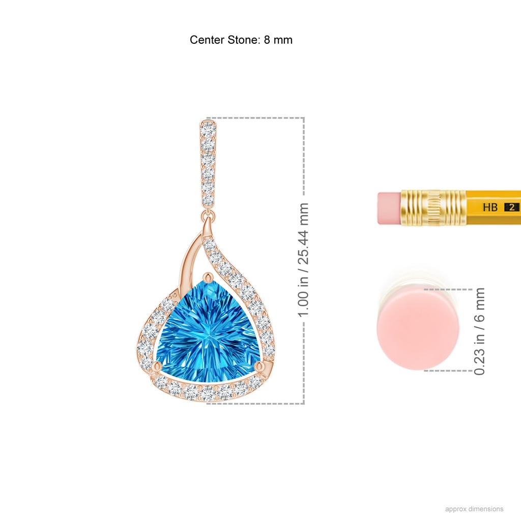 8mm AAAA Trillion Concave-Cut Swiss Blue Topaz Flame Earrings in Rose Gold Ruler