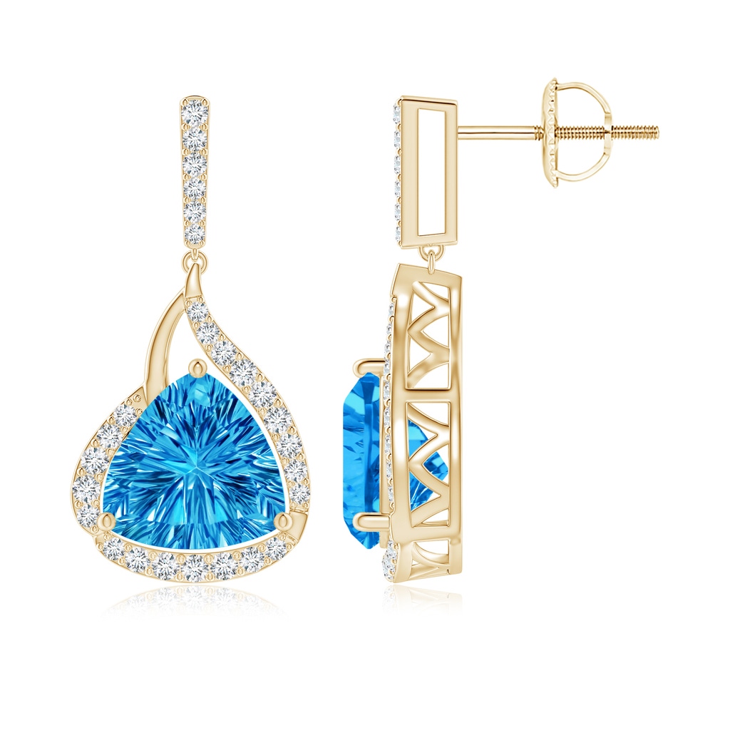 8mm AAAA Trillion Concave-Cut Swiss Blue Topaz Flame Earrings in Yellow Gold Side 1