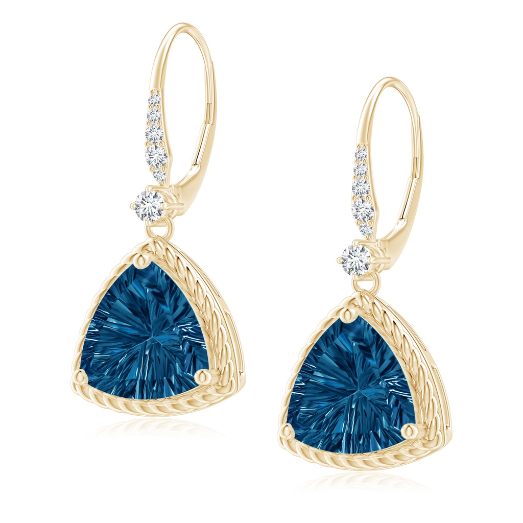 10mm AAAA Trillion London Blue Topaz Twisted Wire Halo Earrings in Yellow Gold