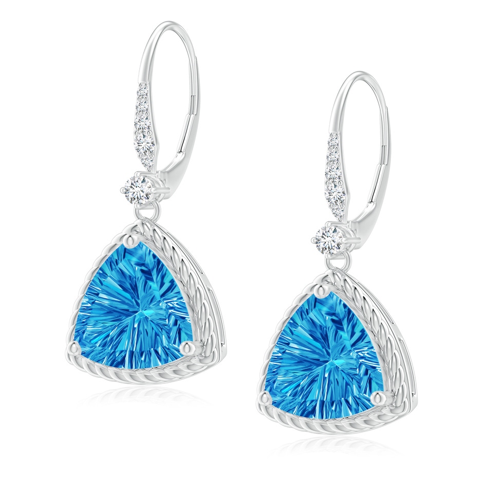 10mm AAAA Trillion Swiss Blue Topaz Twisted Wire Halo Earrings in White Gold 