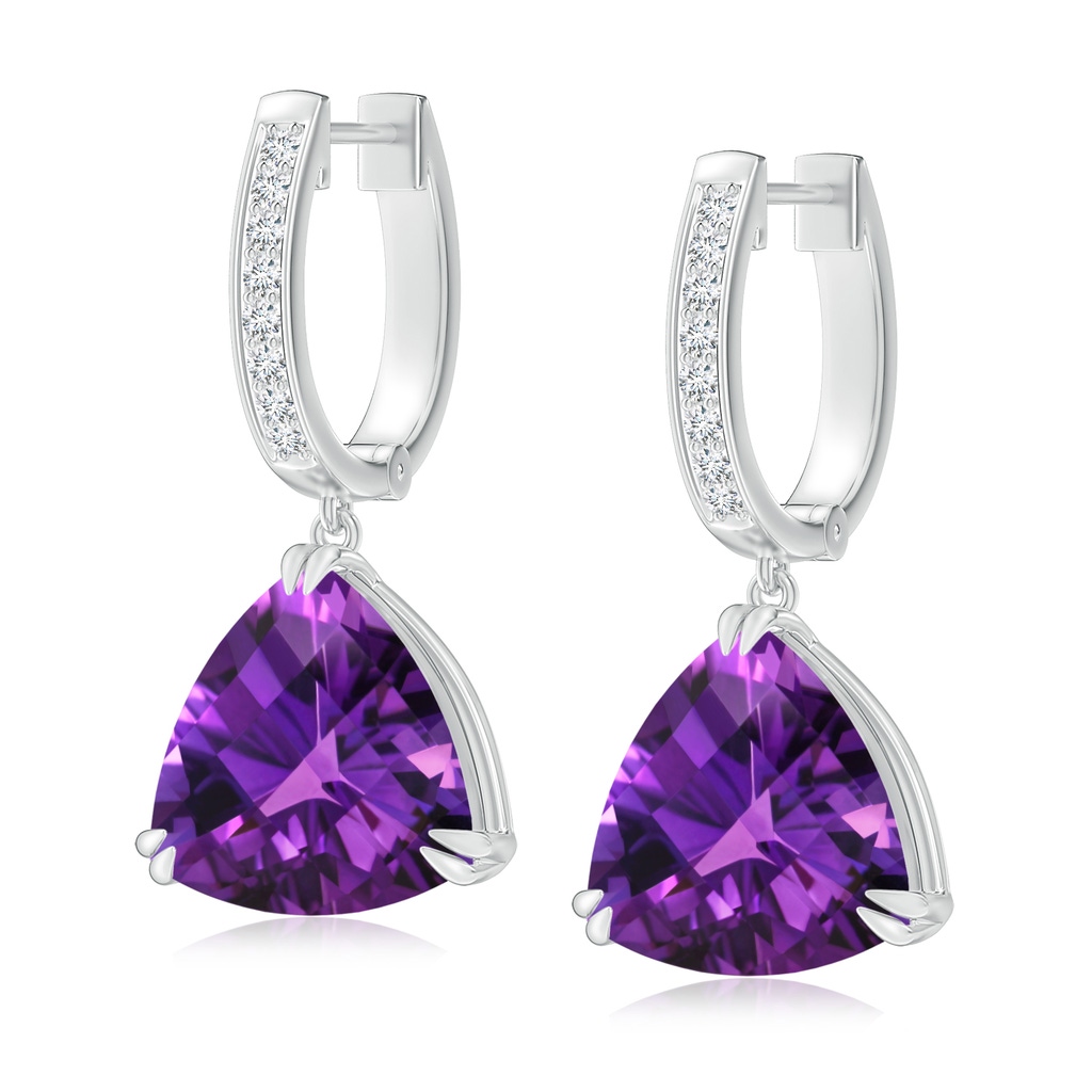 10mm AAAA Trillion Checker-Cut Amethyst Huggie Drop Earrings in White Gold