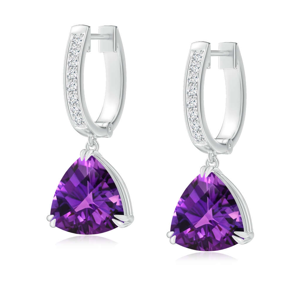 8mm AAAA Trillion Checker-Cut Amethyst Huggie Drop Earrings in White Gold