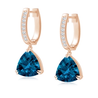 8mm AAAA Trillion Checker-Cut London Blue Topaz Huggie Drop Earrings in 9K Rose Gold