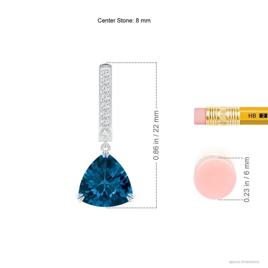 8mm AAAA Trillion Checker-Cut London Blue Topaz Huggie Drop Earrings in White Gold ruler