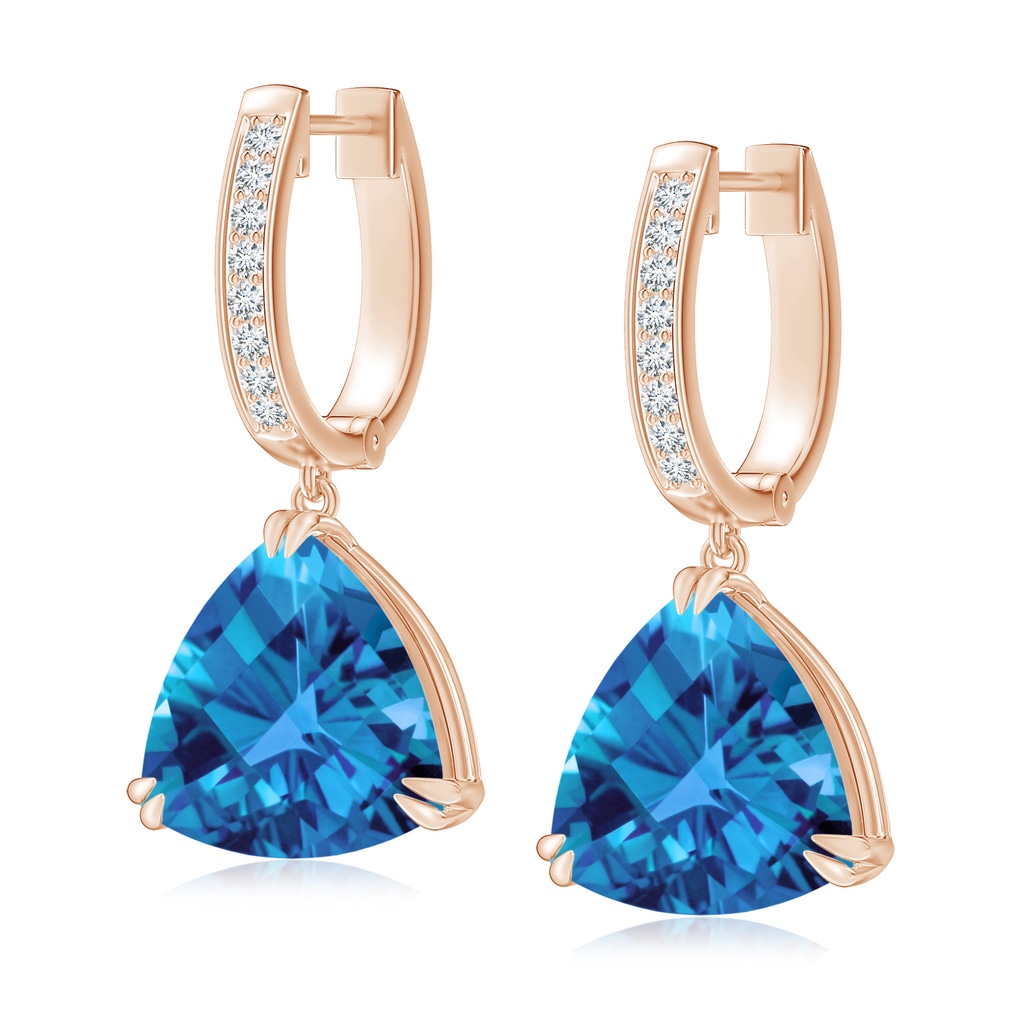 10mm AAAA Trillion Checker-Cut Swiss Blue Topaz Huggie Drop Earrings in Rose Gold