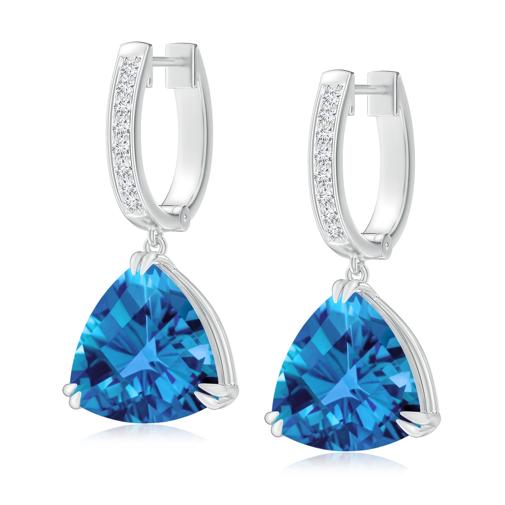 10mm AAAA Trillion Checker-Cut Swiss Blue Topaz Huggie Drop Earrings in White Gold 