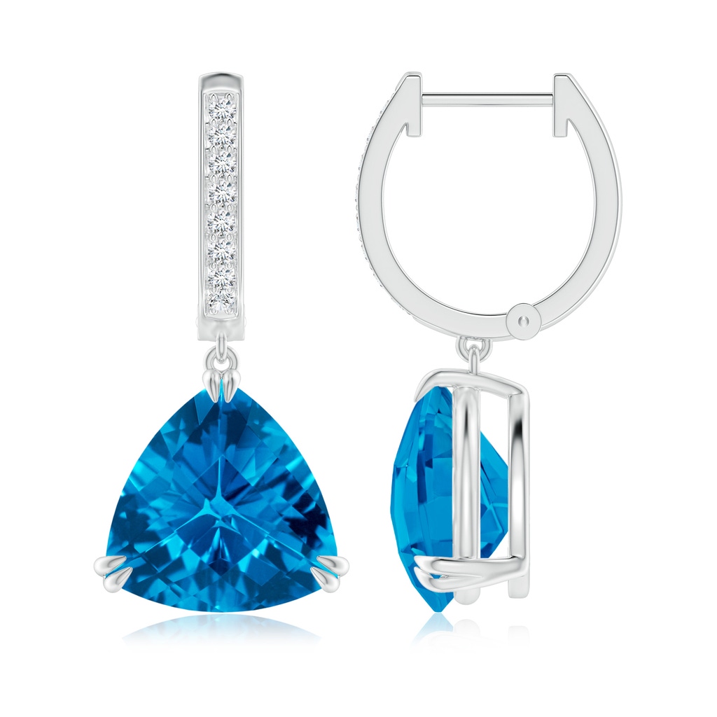 10mm AAAA Trillion Checker-Cut Swiss Blue Topaz Huggie Drop Earrings in White Gold Side-1