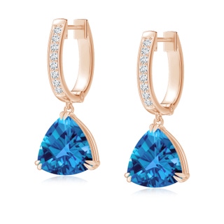 8mm AAAA Trillion Checker-Cut Swiss Blue Topaz Huggie Drop Earrings in Rose Gold