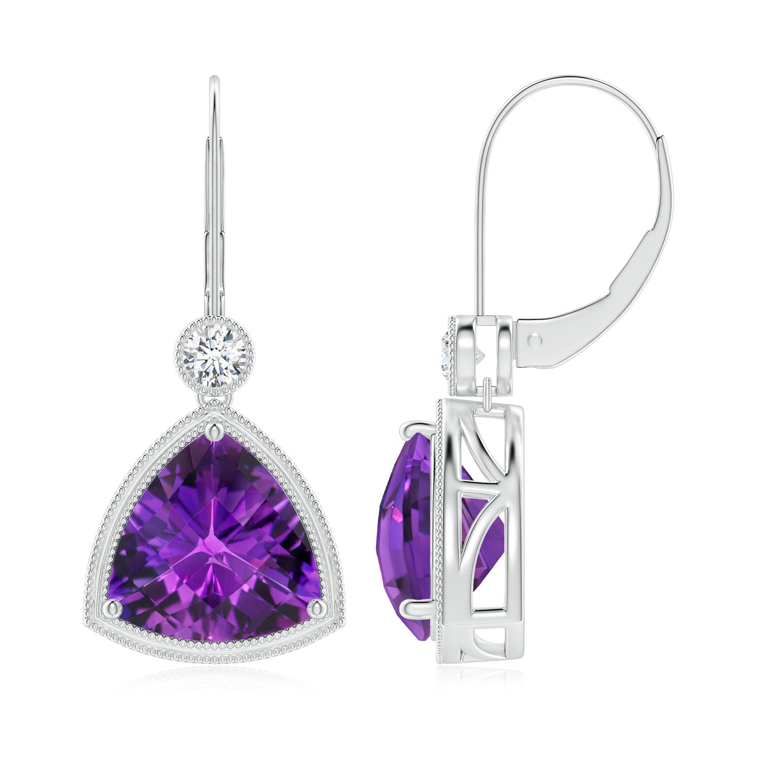 10mm AAAA Trillion Checker-Cut Amethyst Milgrain Drop Earrings in P950 Platinum - side 2