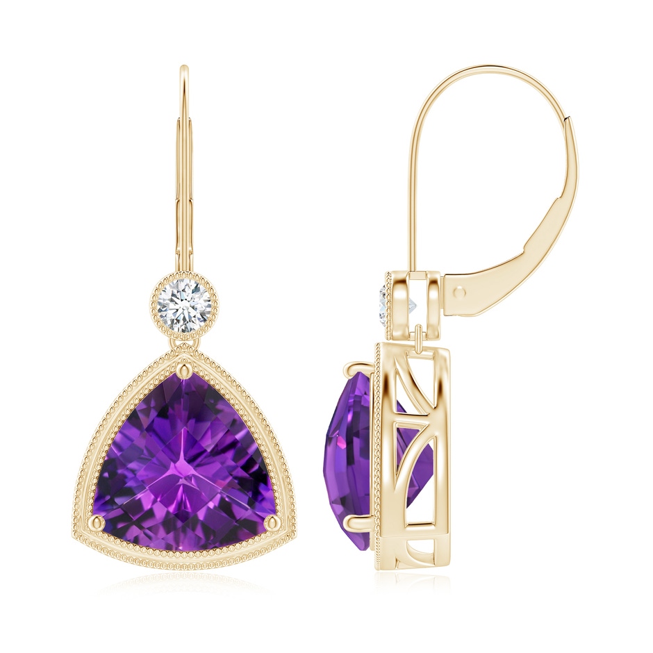 10mm AAAA Trillion Checker-Cut Amethyst Milgrain Drop Earrings in Yellow Gold side-1