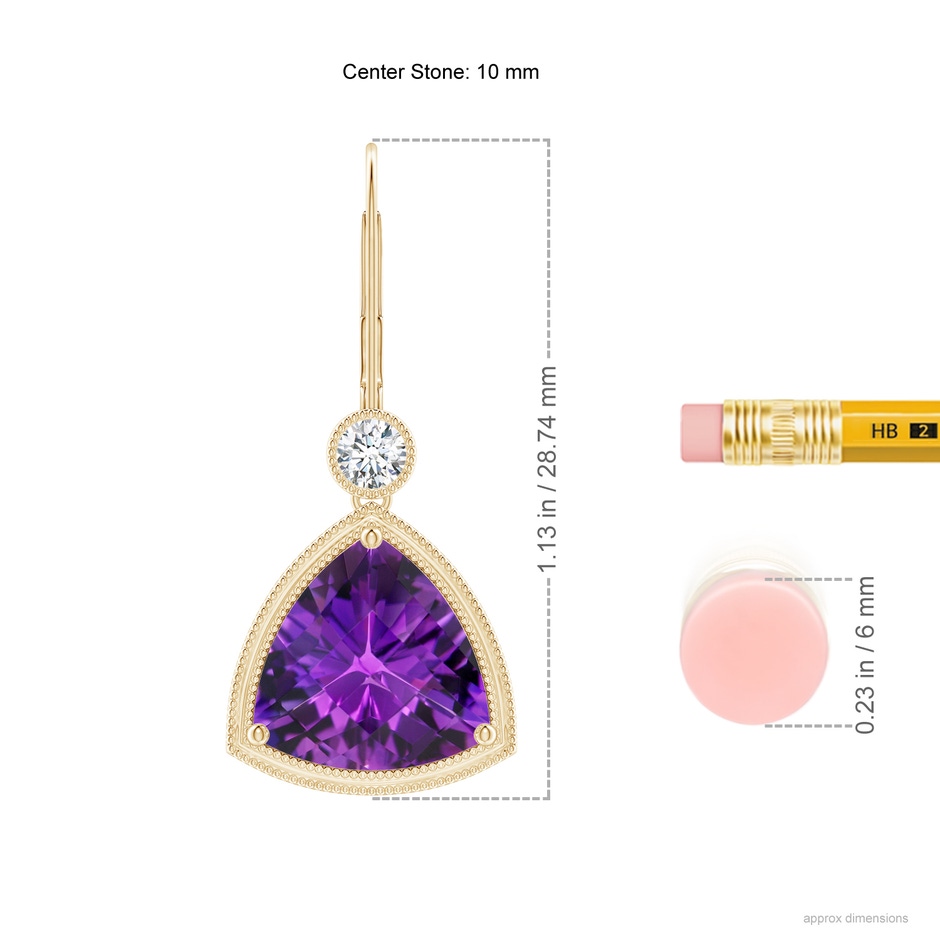 10mm AAAA Trillion Checker-Cut Amethyst Milgrain Drop Earrings in Yellow Gold ruler