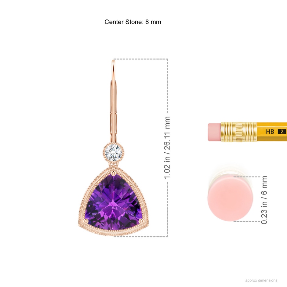 8mm AAAA Trillion Checker-Cut Amethyst Milgrain Drop Earrings in Rose Gold ruler