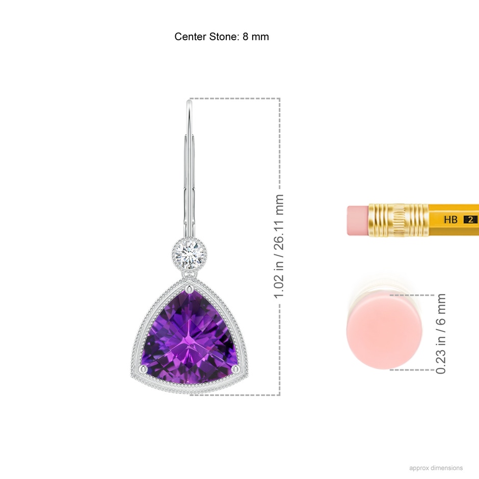 8mm AAAA Trillion Checker-Cut Amethyst Milgrain Drop Earrings in White Gold ruler