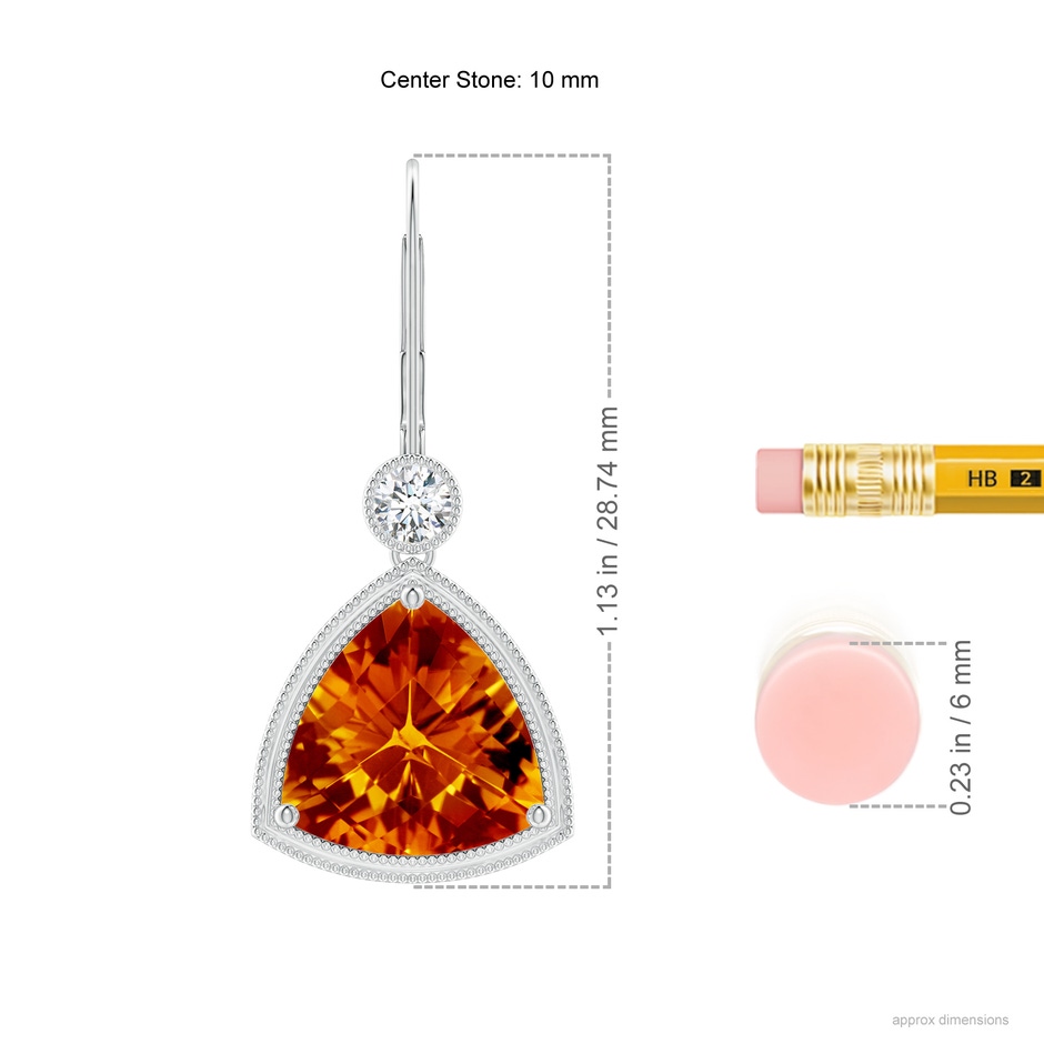 10mm AAAA Trillion Checker-Cut Citrine Milgrain Drop Earrings in White Gold ruler