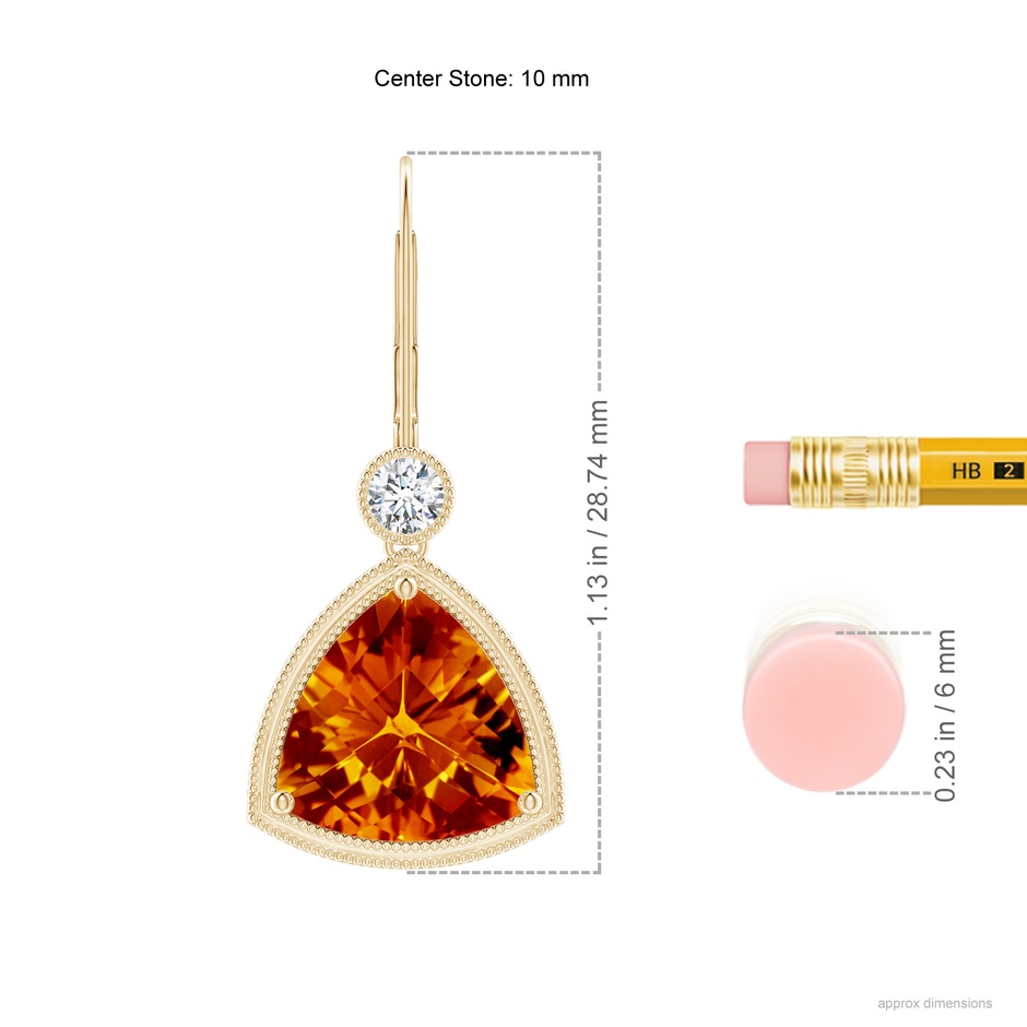10mm AAAA Trillion Checker-Cut Citrine Milgrain Drop Earrings in Yellow Gold ruler