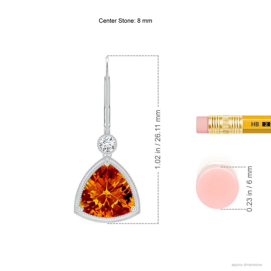 8mm AAAA Trillion Checker-Cut Citrine Milgrain Drop Earrings in White Gold ruler