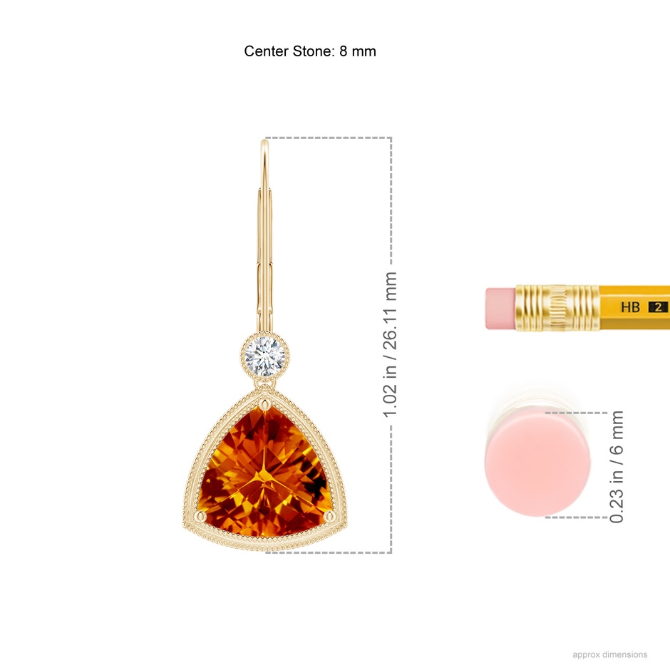 8mm AAAA Trillion Checker-Cut Citrine Milgrain Drop Earrings in Yellow Gold ruler