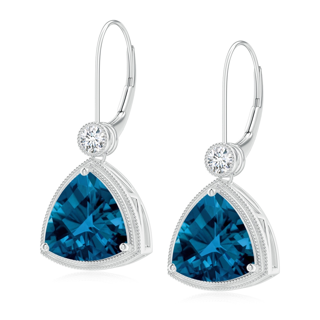 10mm AAAA Trillion Checker-Cut London Blue Topaz Milgrain Drop Earrings in White Gold