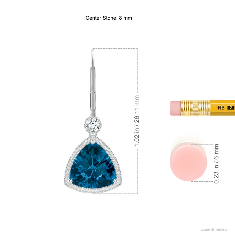 8mm AAAA Trillion Checker-Cut London Blue Topaz Milgrain Drop Earrings in White Gold ruler