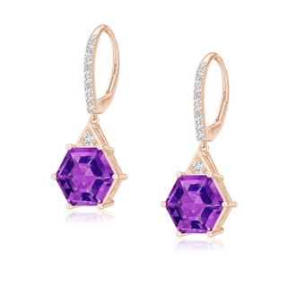 7mm AAAA Hexagonal Step-Cut Amethyst Leverback Drop Earrings in 10K Rose Gold