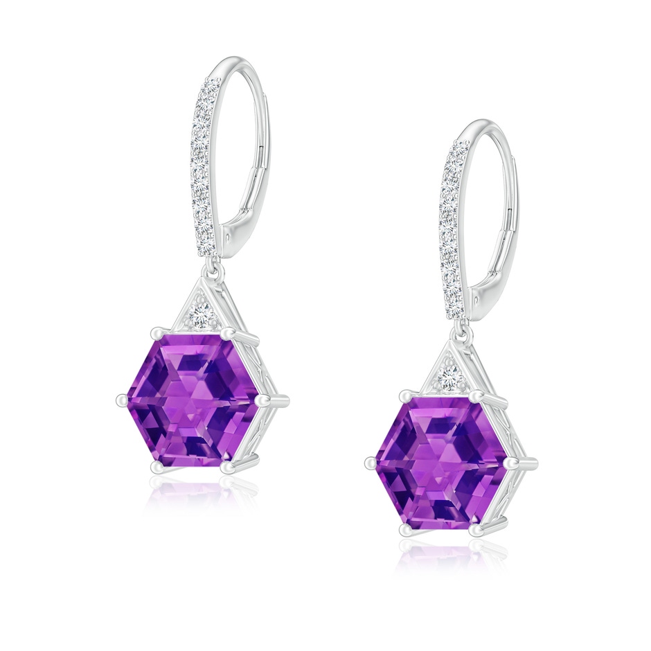 7mm AAAA Hexagonal Step-Cut Amethyst Leverback Drop Earrings in White Gold 