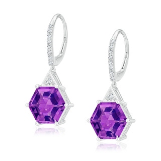 8mm AAAA Hexagonal Step-Cut Amethyst Leverback Drop Earrings in White Gold