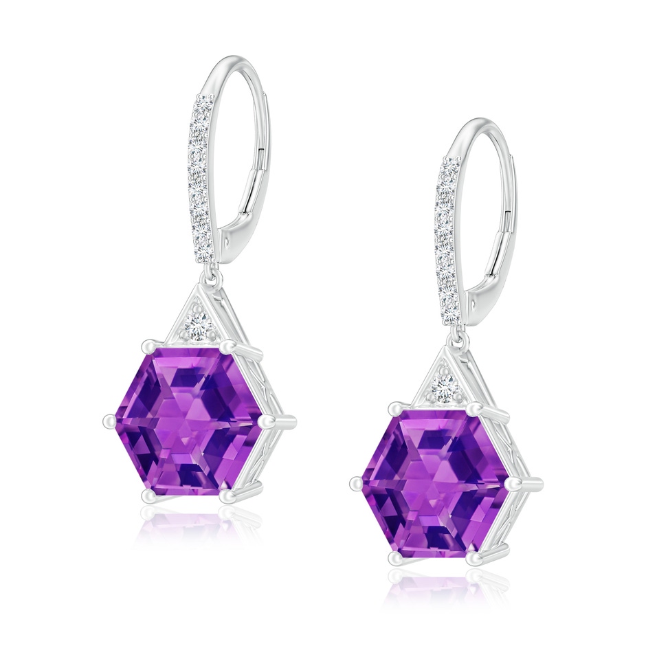 8mm AAAA Hexagonal Step-Cut Amethyst Leverback Drop Earrings in White Gold 