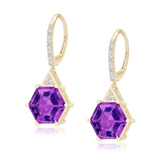 8mm AAAA Hexagonal Step-Cut Amethyst Leverback Drop Earrings in Yellow Gold