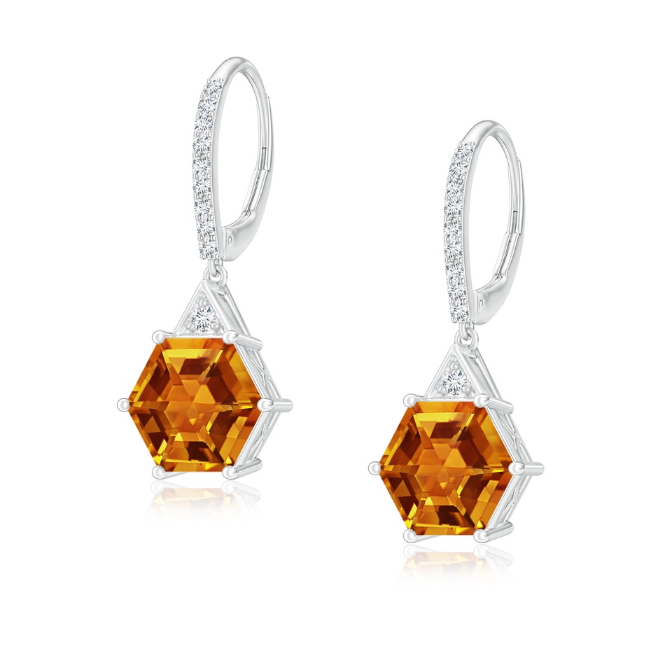 7mm AAAA Hexagonal Step-Cut Citrine Leverback Drop Earrings in White Gold 