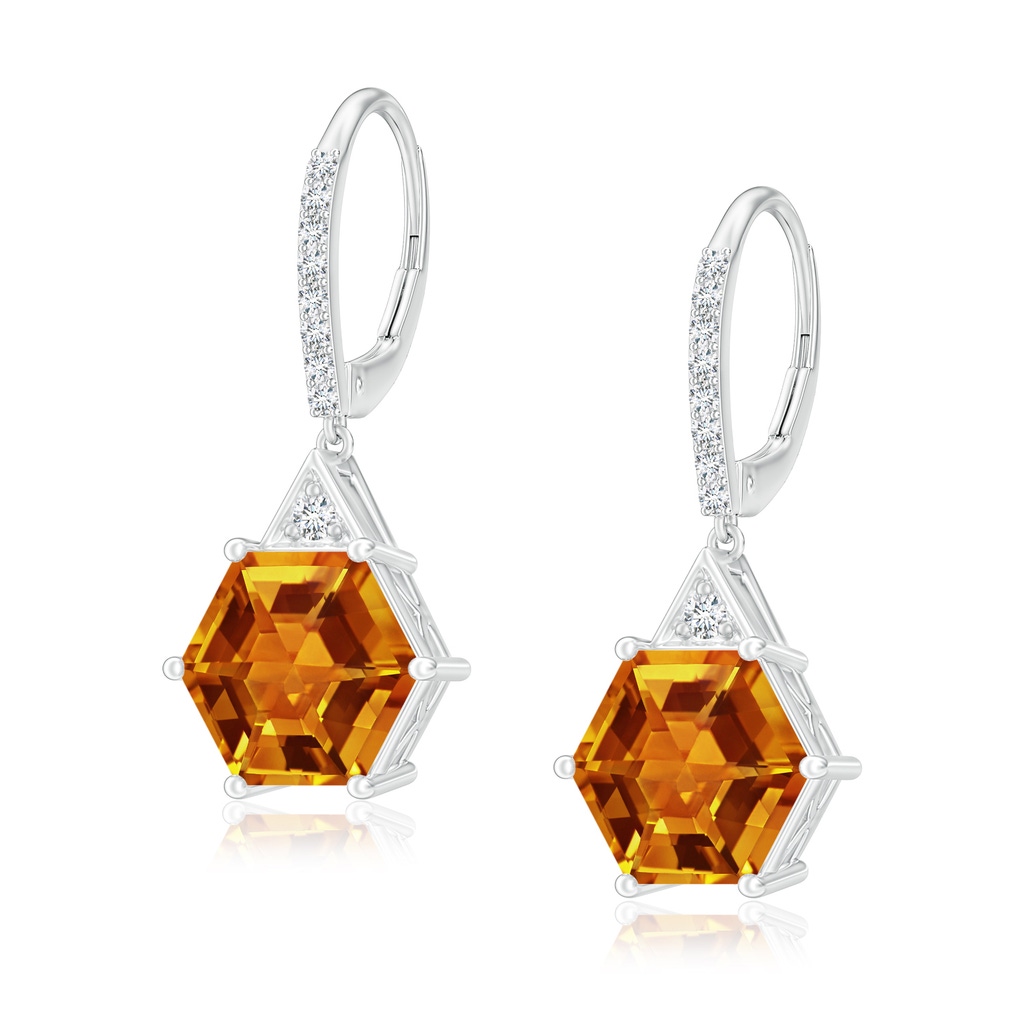 8mm AAAA Hexagonal Step-Cut Citrine Leverback Drop Earrings in White Gold