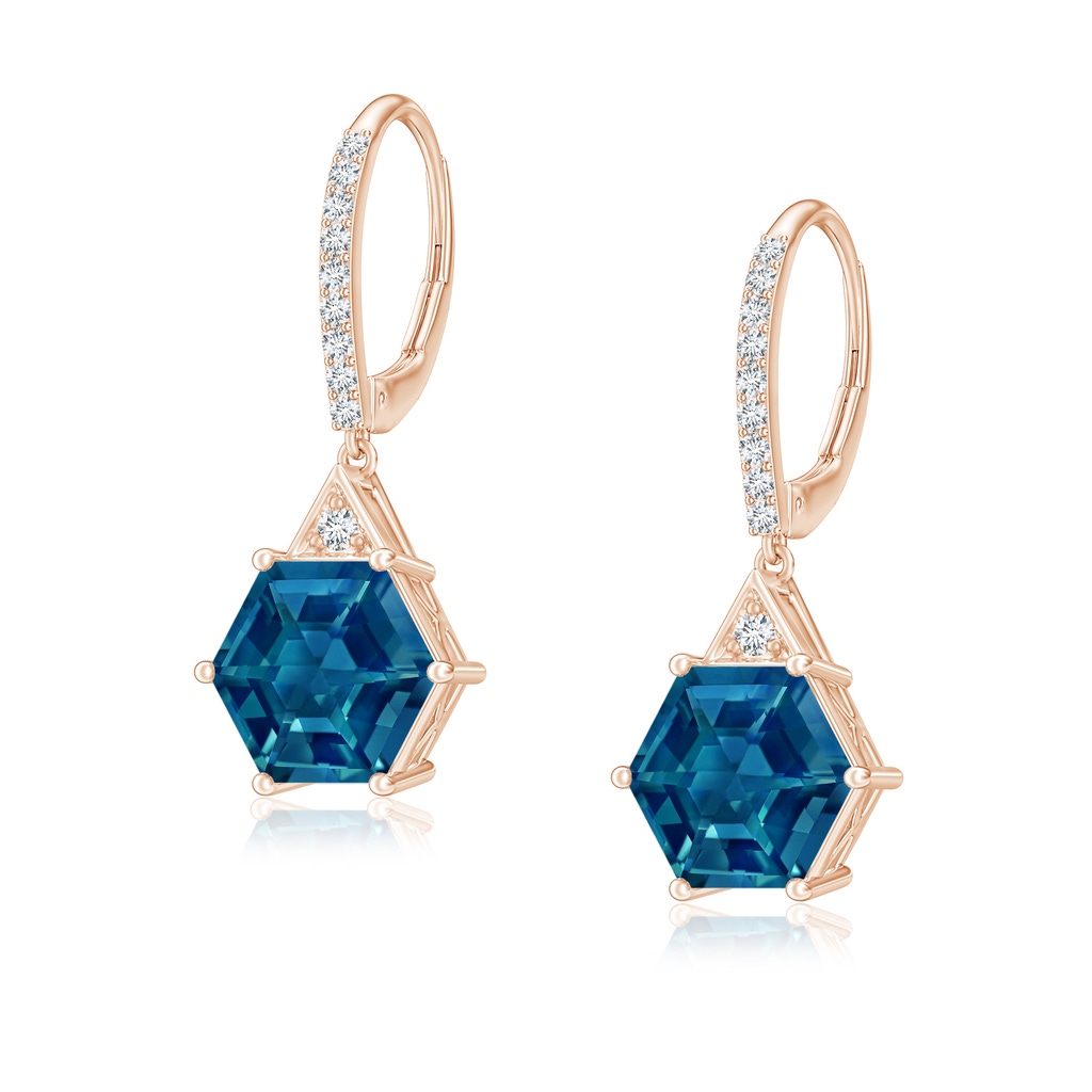 7mm AAAA Hexagonal Step-Cut London Blue Topaz Leverback Drop Earrings in Rose Gold