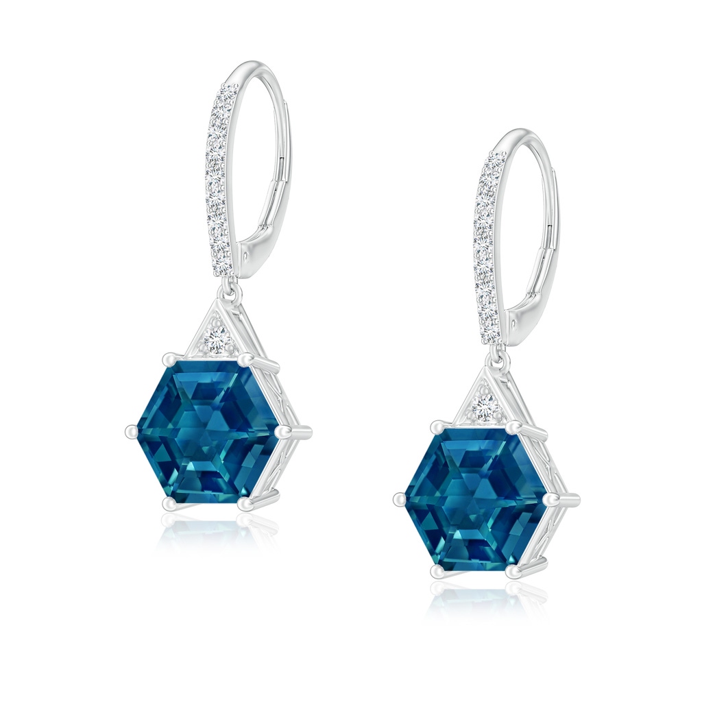 7mm AAAA Hexagonal Step-Cut London Blue Topaz Leverback Drop Earrings in White Gold