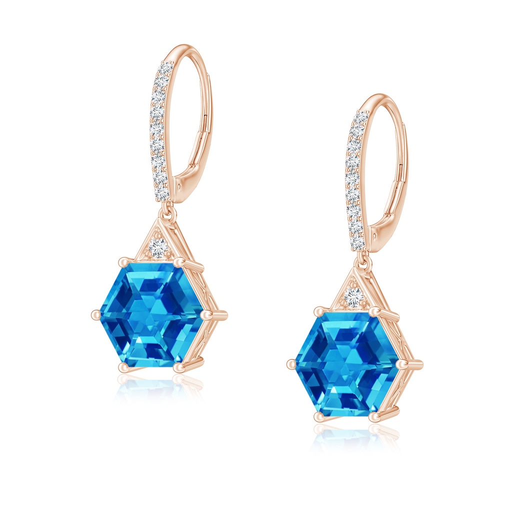 7mm AAAA Hexagonal Step-Cut Swiss Blue Topaz Leverback Drop Earrings in Rose Gold