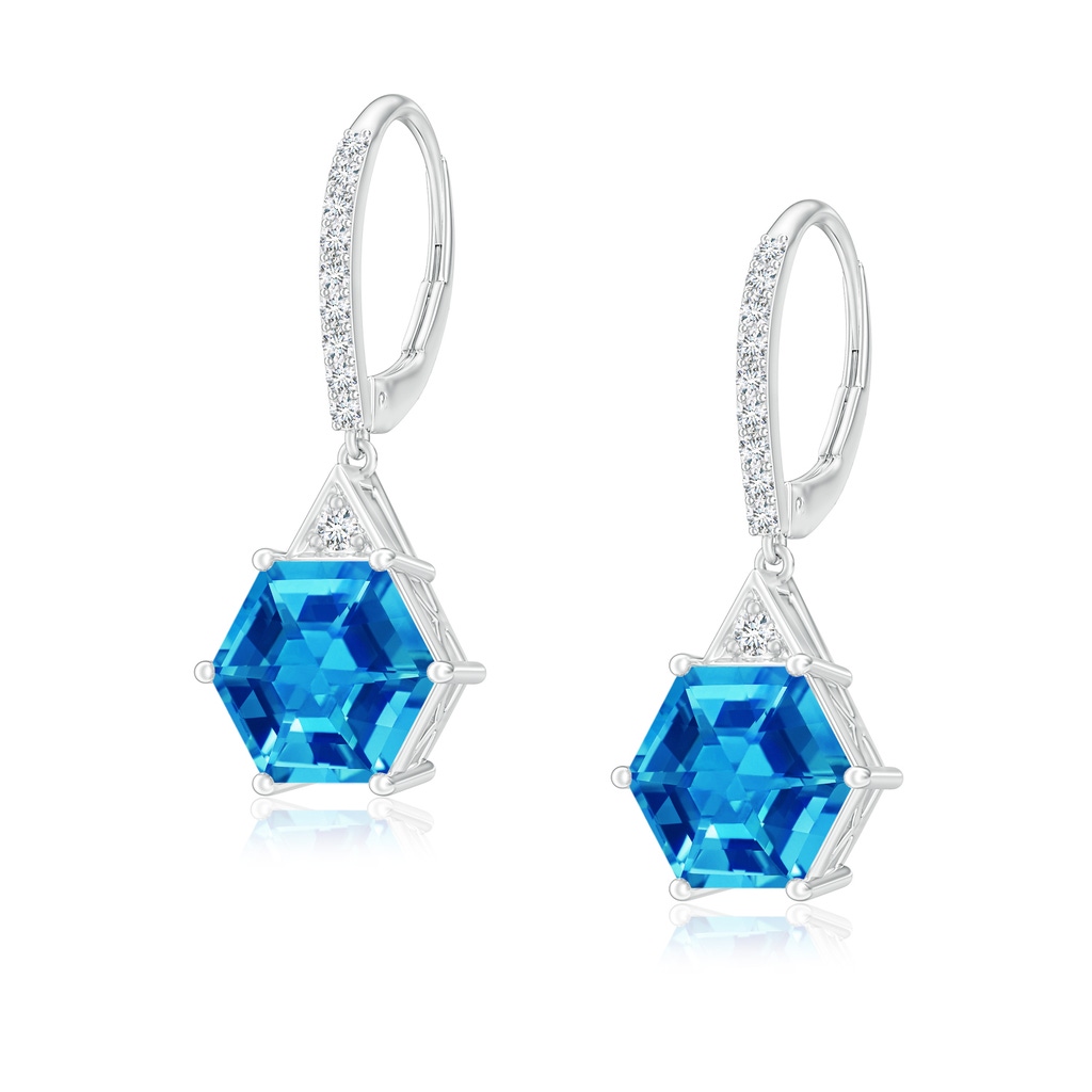 7mm AAAA Hexagonal Step-Cut Swiss Blue Topaz Leverback Drop Earrings in White Gold