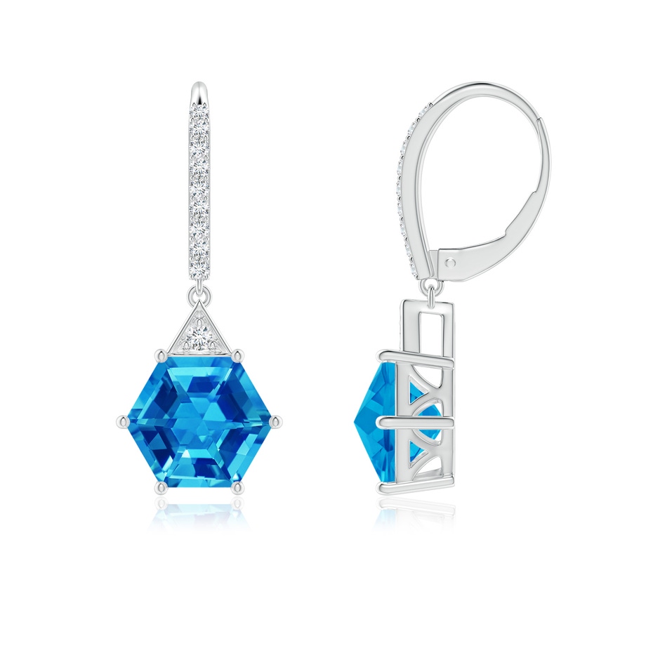 7mm AAAA Hexagonal Step-Cut Swiss Blue Topaz Leverback Drop Earrings in White Gold side 1