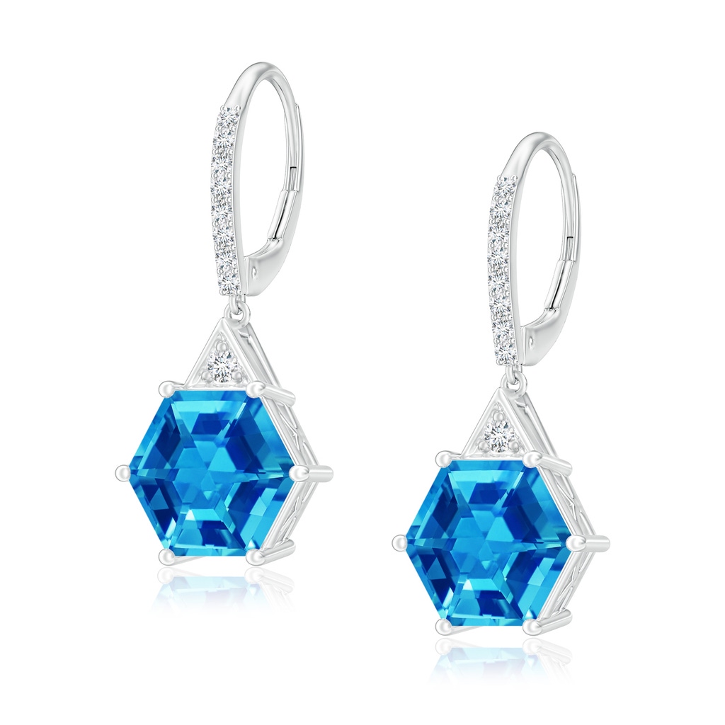 8mm AAAA Hexagonal Step-Cut Swiss Blue Topaz Leverback Drop Earrings in White Gold