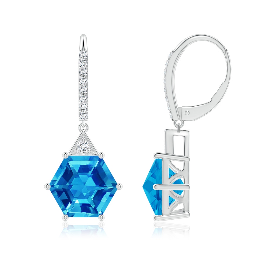 8mm AAAA Hexagonal Step-Cut Swiss Blue Topaz Leverback Drop Earrings in White Gold side 1